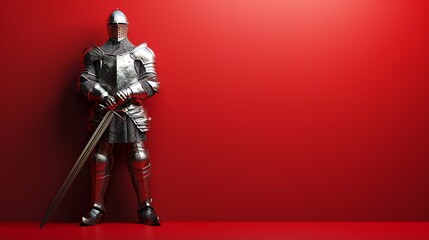 A knight in full armor stands with a sword against a red background.