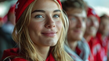 Close-up of a smiling young woman in winter attire during a sports event