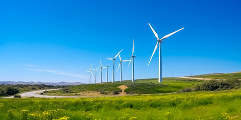 Wind turbines on a background of a beautiful green landscape with a clear blue sky, Green energy concept banner design