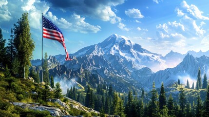 scenic mountain landscape with a large American flag flying in the foreground