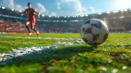 Wall Mural - A detailed view of a weathered soccer ball on the field with a blurred player in the background