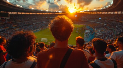 Wall Mural - Crowd watching soccer game at a stadium as the sun sets below the horizon