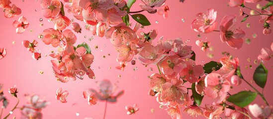 Engaging and natural version: Stunning pink quince blossoms floating in the air against a pink backdrop, capturing the essence of spring with zero gravity effect - high-quality image