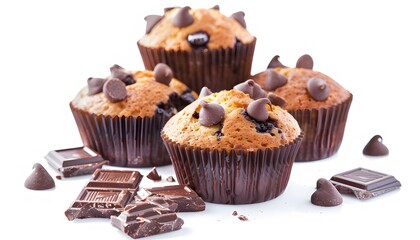 Wall Mural - Muffins with pieces of chocolate on a white background.