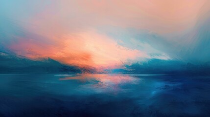 Poster - A hazy image of a lake surrounded by trees, with the sun reflecting in the water. The sky is a mix of tints and shades, creating a natural landscape with an electric blue hue AIG50
