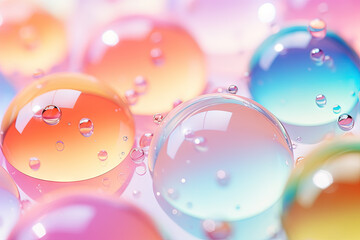 Aufkleber - Pink holographic bubbles floating on the soft colorful abstract background in beautiful vivid tones.