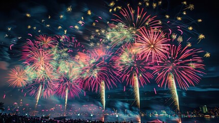 Wall Mural - vibrant fireworks display lighting up a city skyline on the Fourth of July