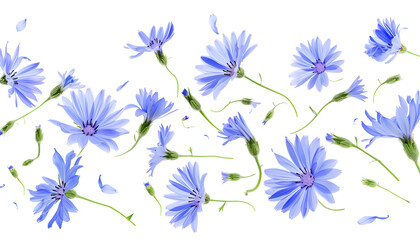 Wall Mural - Fresh flying blue chicory flowers and leaves isolated on white