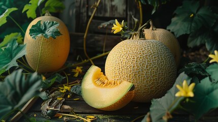 Wall Mural - Ripe cantaloupes in a garden setting. Vibrant still life image showing fresh melons among green leaves and yellow flowers. Perfect for agricultural, culinary, or botanical content. AI