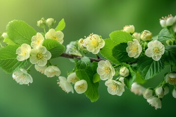 Wall Mural - Branch of white cherry blossoms on a green background. Spring and nature concept. Design for poster, wallpaper, and greeting card. Closeup view with copy space.