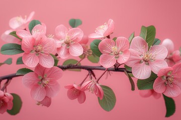 Wall Mural - Branch of pink cherry blossoms on a pink background. Spring and nature concept. Design for poster, wallpaper, and greeting card. Top view with copy space. 