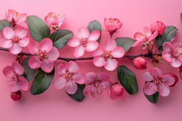 Wall Mural - Branch of pink cherry blossoms on a pink background. Spring and nature concept. Design for poster, wallpaper, and greeting card. Top view with copy space. 