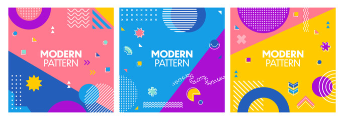 Poster - Modern geometric cover background, memphis shapes banners with vector pattern of line circles, squares, stars, dots and waves. Trendy minimal art graphic elements ornament, memphis bg covers set