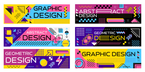 Poster - Abstract geometric modern memphis banners with vector line pattern of trendy minimal graphic elements. Geometric shapes grid background with squares, circles, triangles and dots, zigzag and wavy lines