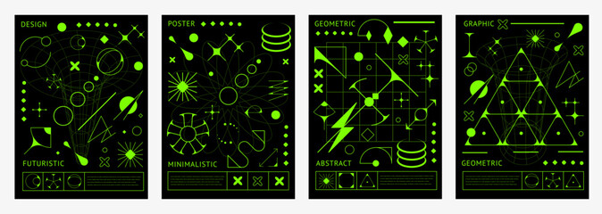 Aufkleber - Acid brutal y2k posters with vector aesthetic pattern of abstract geometric shapes and minimal art line elements. Futuristic neon green star, sun, planet globe and sparks, brutal grid shapes and forms