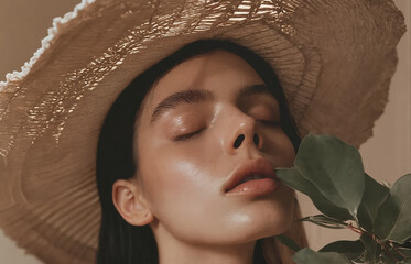 Wall Mural - The image shows a young woman wearing a large, tan-colored straw hat with a brown band. She is looking down with her eyes closed and has a serene expression on her face. She is wearing minimal makeup 