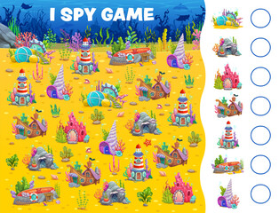 Poster - I spy game worksheet with underwater sea houses in shell huts, cartoon vector. Kids puzzle quiz to find the same picture of undersea buildings or homes in seashell, sunken ship and lighthouse in ocean