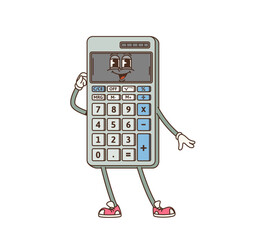 Aufkleber - Cartoon retro groovy calculator character. Isolated vector quirky and fun school or office supply with expressive eyes, gesturing happily makes math and calculations more approachable and entertaining