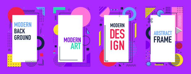 Poster - Abstract modern business memphis banners with vector line patterns of minimal graphic elements and geometric shapes. Trendy memphis ornament of circles, squares and triangles, dots, waves and zigzags