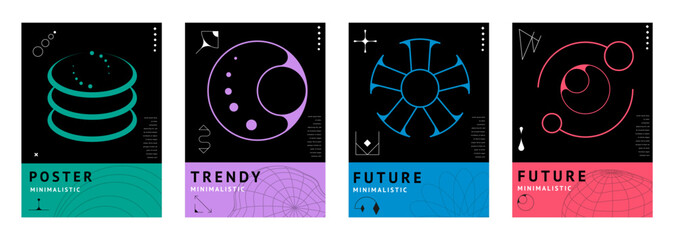 Aufkleber - Brutal y2k posters with abstract line shapes and geometric elements. Vector trendy minimalist star, sun, moon and planet globe grid figures with futuristic arrows, circles. Brutal aesthetic banners