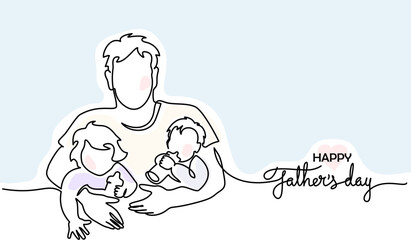 Wall Mural - Happy Fathers Day holiday card. Dad hug his small children.