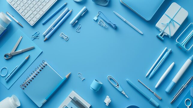Blue office supplies including a keyboard, pens, pencils, a notebook, scissors, and paper clips  arranged in a frame around a blue background.