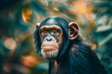 Portrait of the Chimp on a blurred rainforest background