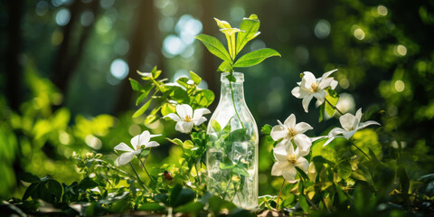 Wall Mural - Glass Bottle With Plant Surrounded By White Flowers In Forest. Recycle Waste. Generative AI