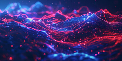 Wall Mural - Abstract Digital Landscape with Red and Blue Light Waves