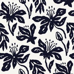 Wall Mural - Monochrome black and white brush strokes inky flowers seamless pattern. Abstract floral contemporary background.