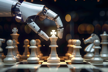 Robotic hand holding king chess piece in the center of chessboard, symbolizing the intersection of artificial intelligence and strategic thinking