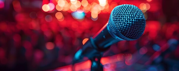 Wall Mural - Microphone on Stage with Blurred Audience in Background for Performance or Presentation