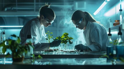 two scientists working on a new plant in a high tech terrarium