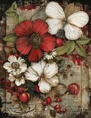 Wall Mural - Mixed media collage with red and white flowers and vintage text