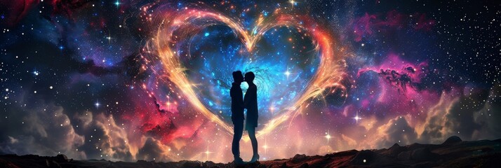 A couple in love kissing inside of heart made out of galaxies and stars