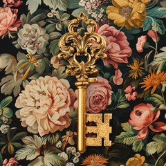 Wall Mural - Vintage gold key on floral fabric background