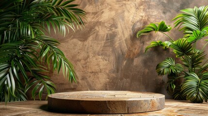 Poster - Product display podium for natural product. Empty scene mock up with tropical leaves