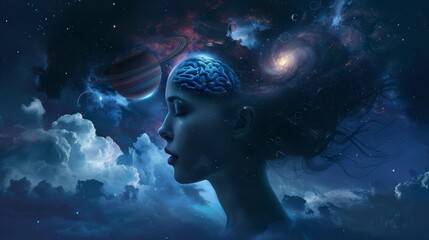 Human head with universe and planets flying around it,dark background.