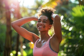 Wall Mural - Happy woman exercising outdoors in sunlight. Smiling woman enjoying outdoor exercise in sunny, tropical environment, capturing health, fitness, and natural beauty.