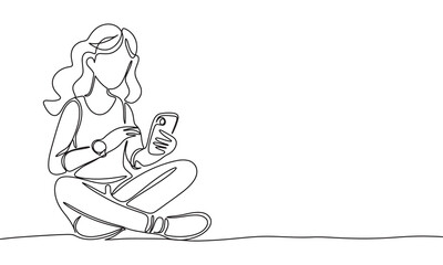 Fototapete - Woman sitting with phone one line continuous. Woman with phone line art. Hand drawn vector art.