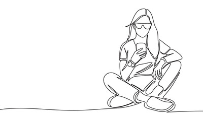 Fototapete - Woman sitting with phone one line continuous. Woman with phone line art. Hand drawn vector art.
