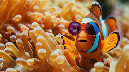 A clownfish wearing sunglasses swims through coral.