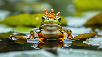 Canvas Print - A green frog wearing a tiny gold crown sits on a lily pad in a pond.