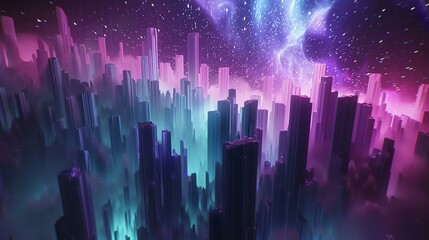 Wall Mural - A futuristic cityscape under a colorful starry sky.