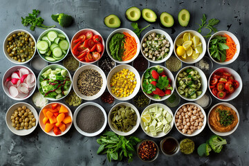 A table full of bowls of various vegetables and fruits. The bowls are arranged in a way that they look like a buffet