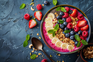Wall Mural - A bowl of fruit with raspberries, blueberries, bananas, and granola. The bowl is white and is placed on a counter