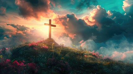 A cross on the hill with a beautiful sunset sky, spring flowers and grass, the Christian cross symbolizing Jesus Christ in nature.