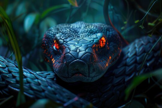 Glowing red eyes pierce through the darkness as a menacing snake lunges forward. The background reveals a dark jungle teeming with bioluminescent plants