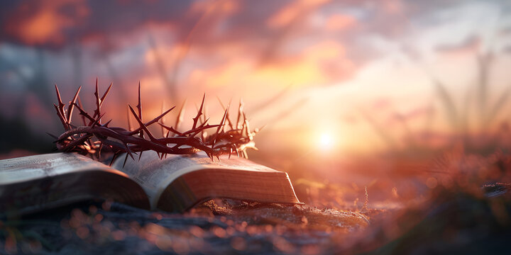 a book with a thorny crown on its cover, set against a cloudy sky.Jesus on cross with crown of thorns and Bible in field at sunset, symbolizing sacrifice and hope