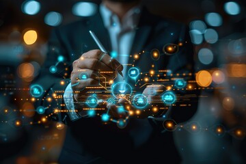 Poster - A man is holding a pen and writing on a computer screen
